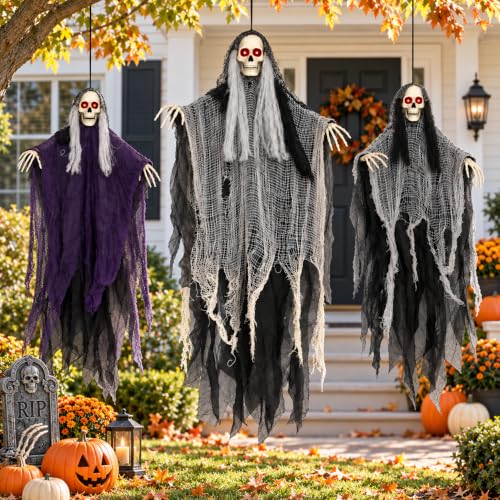 Halloween Outdoor Decorations Set with Glowing Skeleton Ghosts - Spooky Hanging Figures, 3 Pack