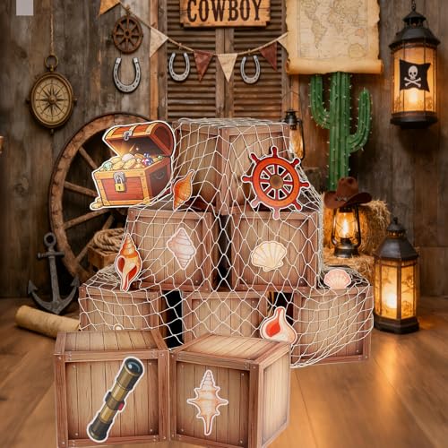 Pirate Party Decorations Wood Box Set - 8 Pack Pirate Treasure Chests