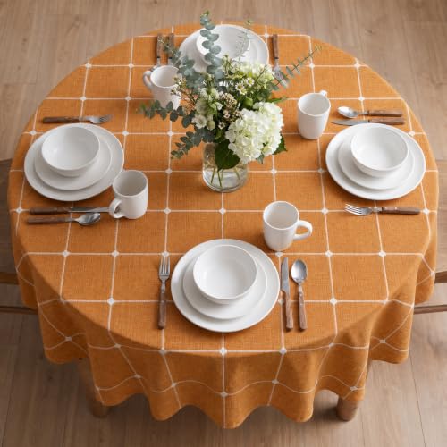 Farmhouse Plaid Round Tablecloth 70x70 Inch Orange - Durable Polyester