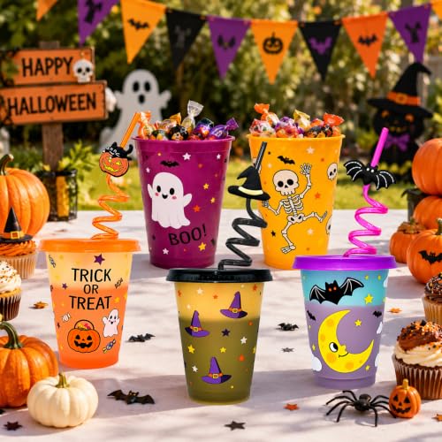 16 Pack Halloween Color Changing Kids Cups with Lids & Straws - 16oz Reusable Party Tumblers