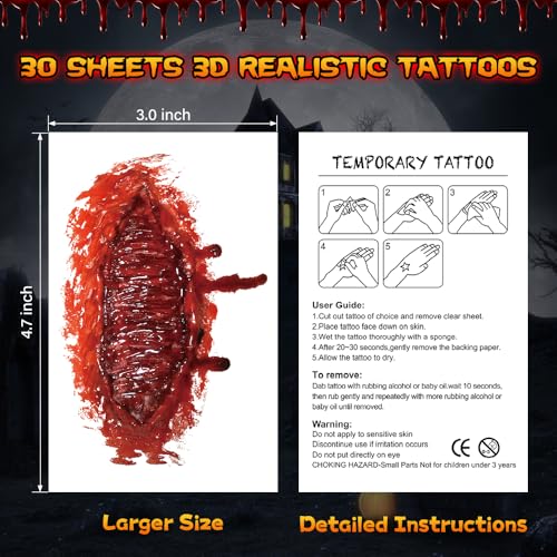Waterproof Zombie Scar Tattoos Set - 30 Sheets for Halloween & Cosplay