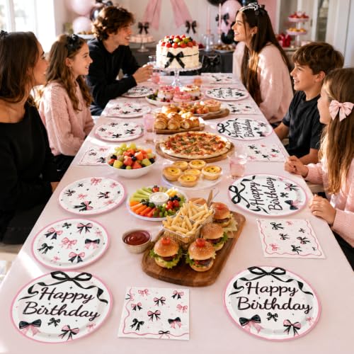 Black Pink Bow Birthday Party Supplies Set - Serves 24, 96 Pieces
