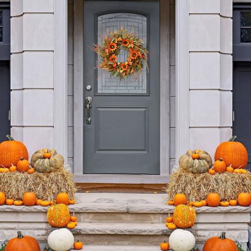 22-Inch Fall Pumpkin Wreath with Sunflowers and Berries for Front Door Decor