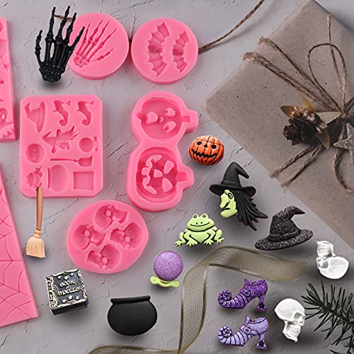 Halloween Silicone Cake & Candy Molds 7-Pack - Skull, Pumpkin, Ghost, Witch, Skeleton Hand, Bat, Spider