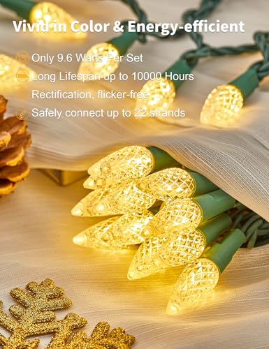 Christmas String Lights 34ft 100 LED Faceted C6 Warm White Outdoor Indoor