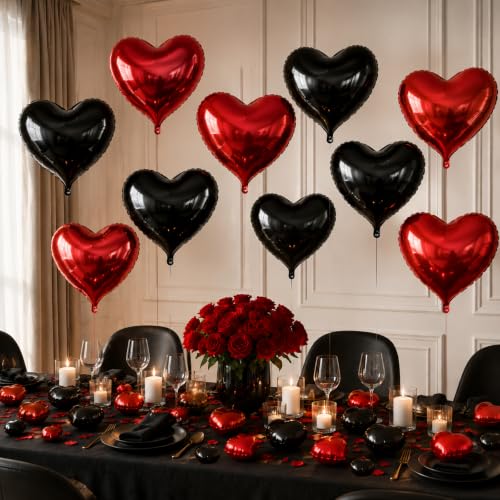 TONIFUL 30 Pack Red and Black Heart Foil Balloons - 3 Sizes for Gothic Wedding & Party Decorations