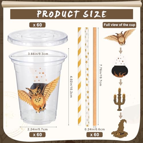 60 Sets Wizard Party Disposable Cups with Lids & Straws - 12oz Magic Theme