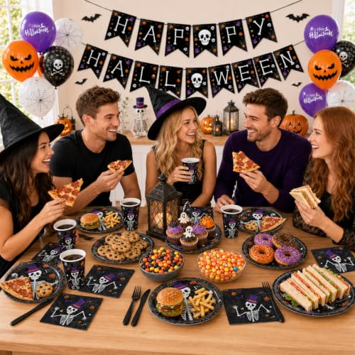 Halloween Skeleton Party Supplies Set - Plates Cups Napkins Cutlery Balloons Banner