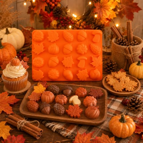 Autumn Silicone Molds - Maple Leaf, Pumpkin, Acorn & Mushroom Shapes for Halloween & Thanksgiving Baking