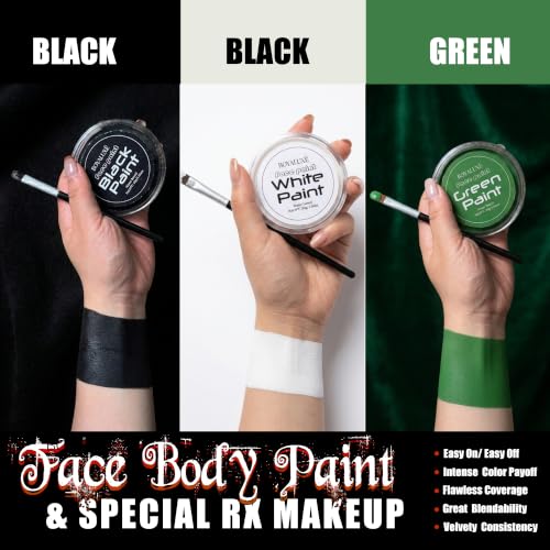 Halloween Face & Body Paint Kit - Black White Green Washable Zombie Makeup - Variation of Black+White+Green