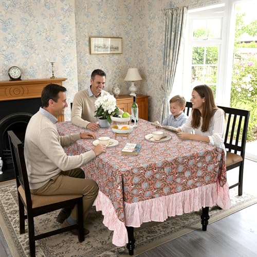Dark Salmon Pink Cotton Ruffle Hand Block Print Tablecloth 60x60 Square - Ridhi