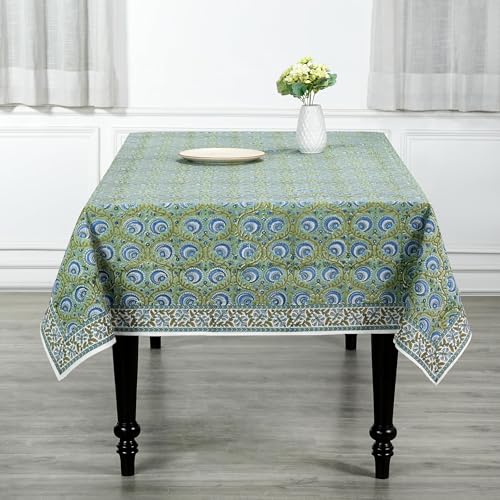 Ridhi Verdant Mist Hand Block Print Cotton Tablecloth 120x60 Rectangular