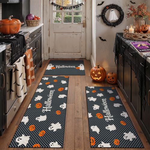 Halloween Kitchen Rug Set 3-Piece Ghost Pumpkin Bats Non-Slip Mat - Black, 20x32/48/59 Variation of THIS listing