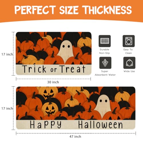 Halloween Ghost Pumpkin Kitchen Mat Set of 2 Non-Slip Washable Decor - Ghost Pumpkin