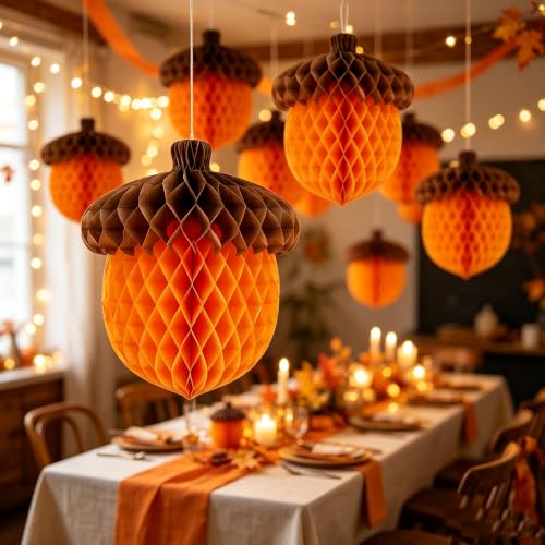 Fall Acorn Honeycomb Ball Decorations Set - Autumn Thanksgiving Halloween Party Ornaments