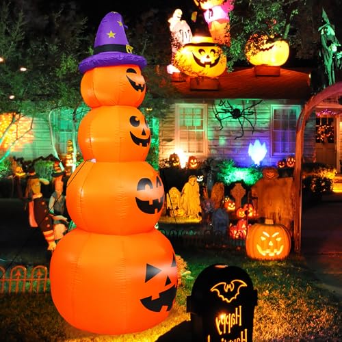 8FT Stacked Pumpkin Inflatable with Witch’s Hat and LED Lights - Halloween Yard Decor