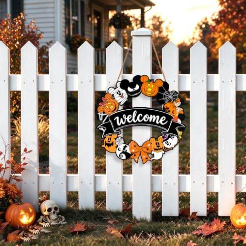Welcome Mouse Halloween Wreath Door Decoration - Rustic Wooden Hanging Sign