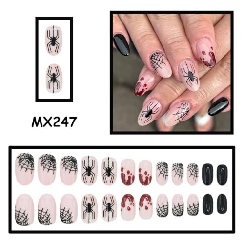 Halloween Press On Nails - Oval Medium Style-48 Spider Blood Drop, Reusable