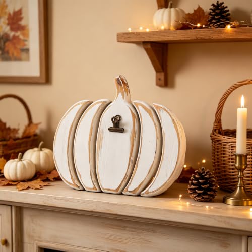 White Rustic Pumpkin Table Decor with Stand & Clip - 8x10 Inch - Fall & Holiday Decor