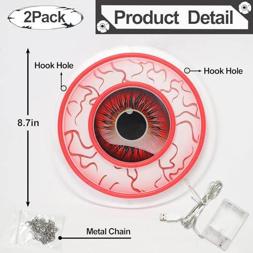 Halloween Window Decorations Indoor LED Lights - Red Eyeball Neon Signs 2 Pack - USB & Battery Powered