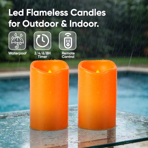 Orange Flameless Waterproof Candles 3x5 Inches, LED Pillar Lights, 2 Pack