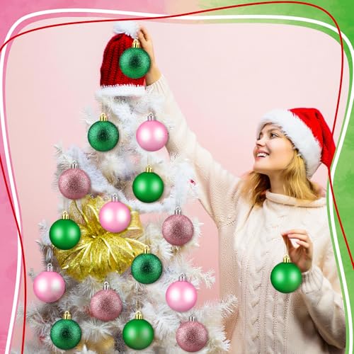 Pink Green Christmas Tree Ornaments Set - Shatterproof 2.4 Inch Xmas Balls