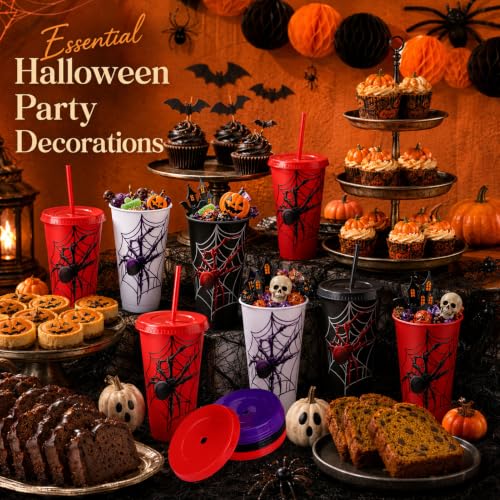 24 Pcs Spider Party Cups with Lids & Straws - Halloween & Themed Celebration Set