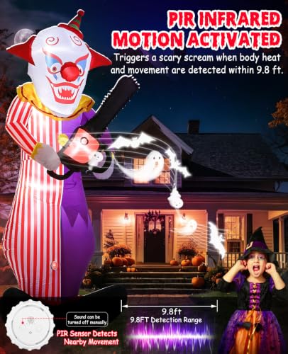 12FT Halloween Inflatable Killer Clown with Chainsaw - Motion-Activated Horror Decor