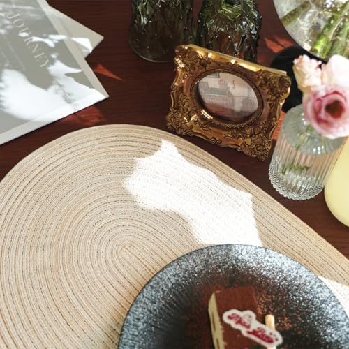 Oval Woven Placemats Set of 8 - Durable Polyester Table Mats for Dining - Beige
