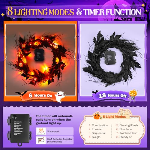 Halloween Garland with Orange LED Lights - 6.56 ft Lighted Vine Twig String Lights, 8 Modes & Timer, 12 Ornaments, Battery Operated, Indoor Decor - Orange