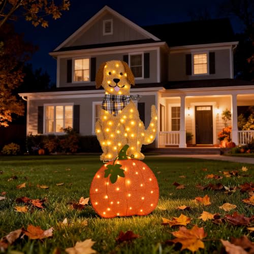 Fall Lighted Outdoor Decor with Labrador on Pumpkin - 47-inch Yard Display with Warm White LED Lights