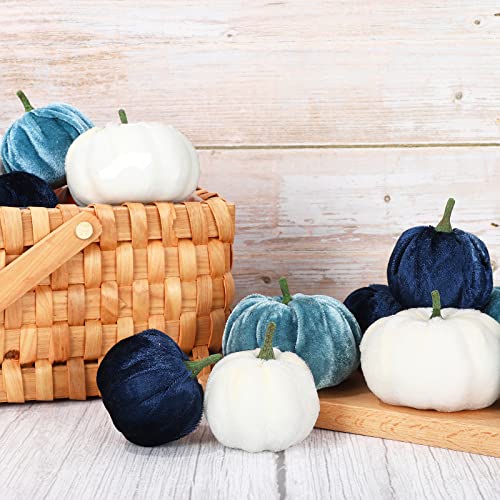 Blue White Velvet Artificial Pumpkins Set of 12 Fall Thanksgiving Decor - 2 Sizes