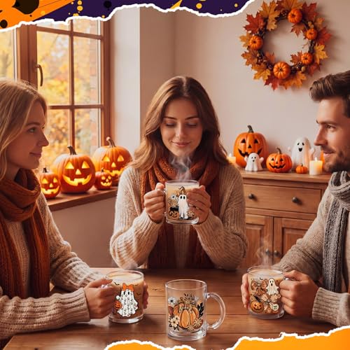 Halloween Ghost & Pumpkin Coffee Mug Set - 4 Pieces, 12 oz, Glass Cups, Fall Decor