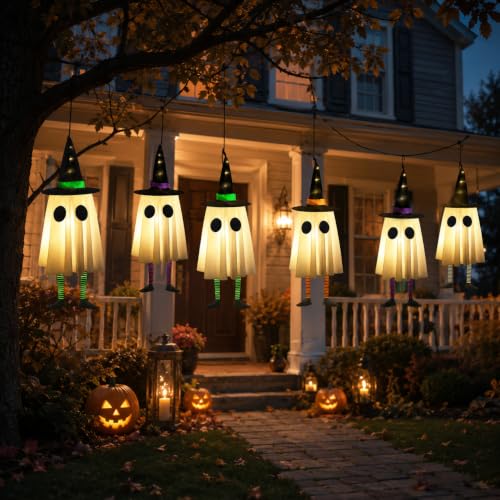Medium Ghost Halloween Decoration with Witch Hat, Outdoor Ghost Lights