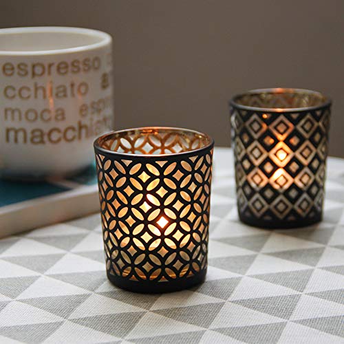 Black Gold Glass Candle Holders Set of 12 with Geometric Patterns - Ramadan Decor