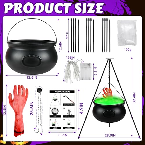Halloween Outdoor Decorations Witch Cauldron Set with LED Lights & Fake Hand - 12.6 inches
