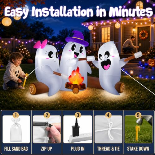 6FT Halloween Inflatable Ghosts with Campfire & LED Lights Outdoor Yard Decor