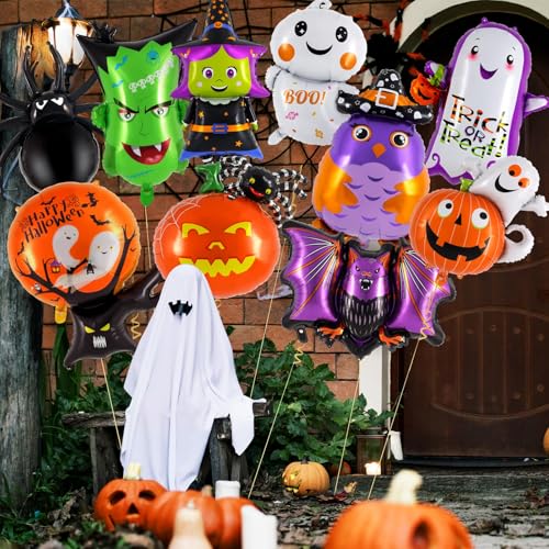 Halloween Foil Balloon Set - Ghost Pumpkin Witch Bat Monster 10 Pcs Party Decorations