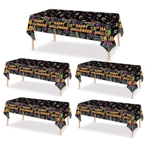 Halloween Disposable Plastic Tablecloths Set - Black Neon Pumpkins Bats Ghosts 5 Pack