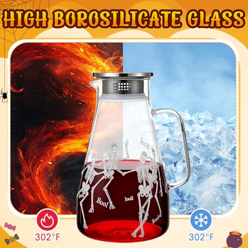 Skeleton Halloween Glass Pitcher with Lid - 74oz Water Jug for Parties