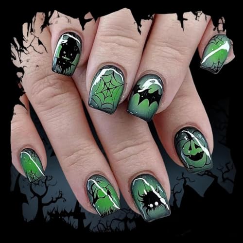 Green Halloween Press-On Nails Set - Short Square Fake Nails with Ghost Face & Pumpkin Designs, 24 Pieces