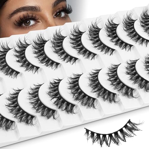 Fluffy Crisscross Wispy Lashes Wet Look D Curl False Eyelashes - 10 Pairs, Natural Volume, Reusable