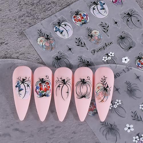 Halloween Nail Stickers - 10 Sheets Colorful Skeleton Pumpkin 5D Embossed Decals for Nail Art