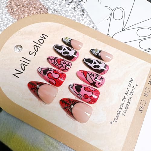 Halloween Press On Nails Set - Ghost Spider Web Blood Drop Rhinestones, 13 Variations