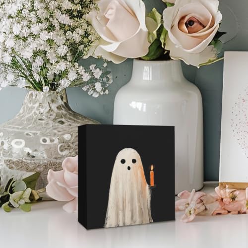 Halloween Ghosts Wooden Box Sign - Fall Thanksgiving Desk Decor, 5x5 Inch, Black Ghosts for Home Office, Variation: Ghost