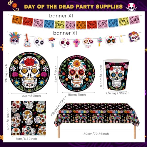 Black Dia de los Muertos Party Supplies Set - Skull Decorations for Mexican Fiesta, Halloween & Birthday