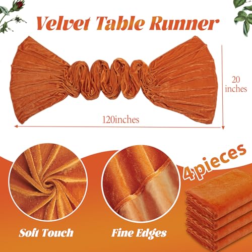 Orange Velvet Table Runner 20x120 Inches - 4 Pack, Rustic Vintage Thanksgiving