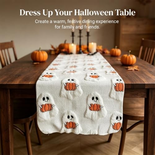 Halloween Faux Fur Table Runner 13x72 Inches with Embroidered Ghost & Pumpkin