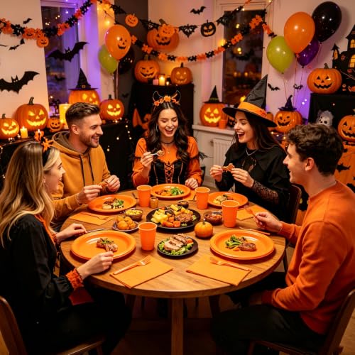 Disposable Orange Plastic Party Plates Set - 50 Count for Thanksgiving Halloween
