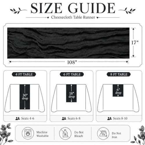 Black Cheesecloth Table Runner 17 x 108 Inches - 24 Pack - Gauze Fabric for Events & Decor